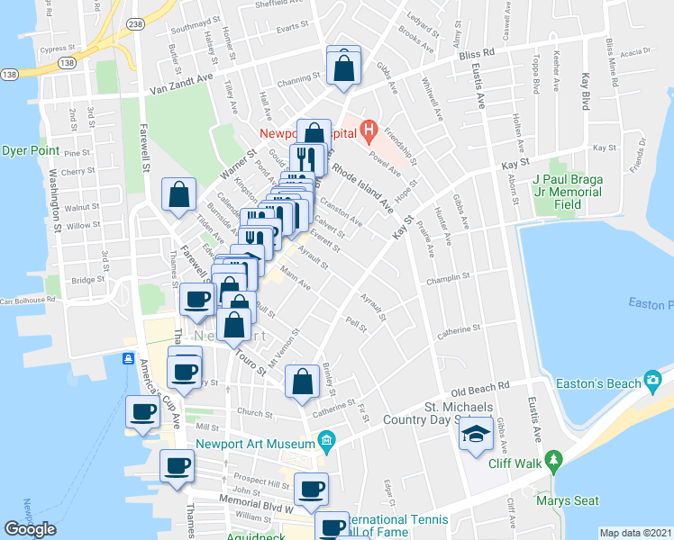 map of restaurants, bars, coffee shops, grocery stores, and more near 28 Ayrault Street in Newport