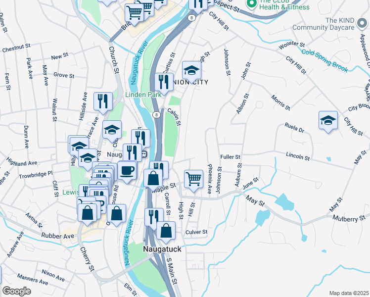 map of restaurants, bars, coffee shops, grocery stores, and more near 33 Coen Street in Naugatuck