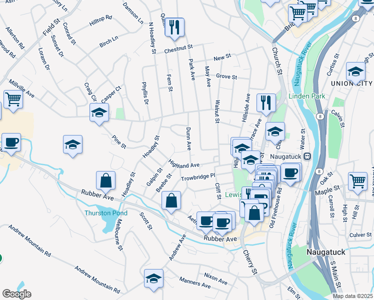 map of restaurants, bars, coffee shops, grocery stores, and more near 37 Dunn Avenue in Naugatuck