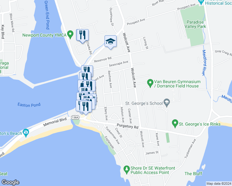 map of restaurants, bars, coffee shops, grocery stores, and more near 74 Orchard Avenue in Middletown