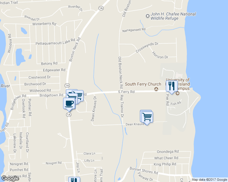 map of restaurants, bars, coffee shops, grocery stores, and more near 138 South Ferry Road in Narragansett