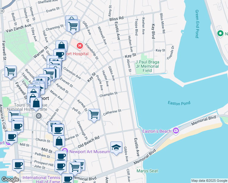 map of restaurants, bars, coffee shops, grocery stores, and more near 238 Gibbs Avenue in Newport