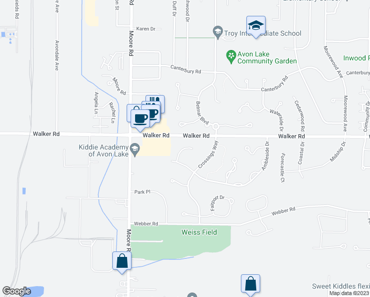 map of restaurants, bars, coffee shops, grocery stores, and more near 525 Waterford Court in Avon Lake