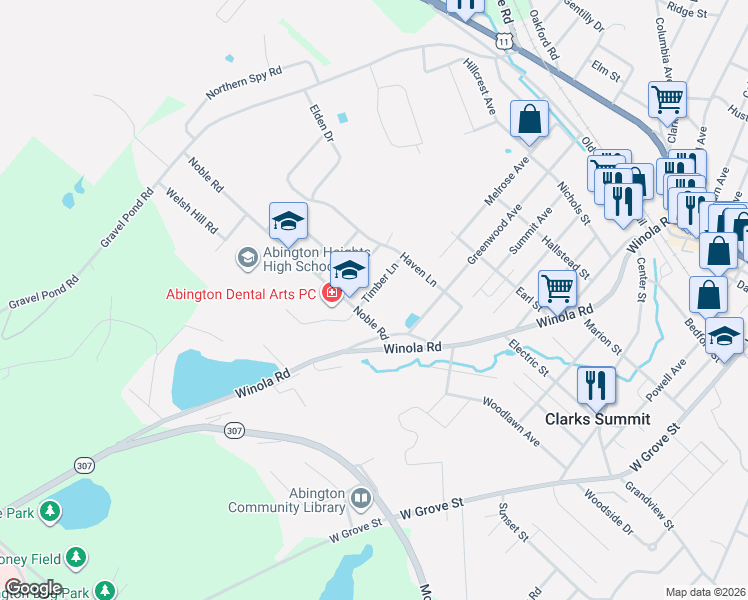 map of restaurants, bars, coffee shops, grocery stores, and more near 612 Timber Lane in Clarks Summit