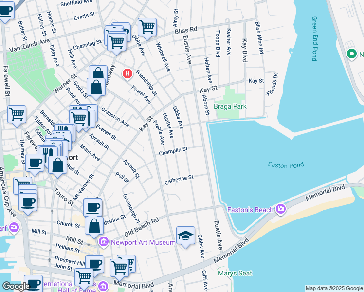 map of restaurants, bars, coffee shops, grocery stores, and more near 238 Gibbs Avenue in Newport
