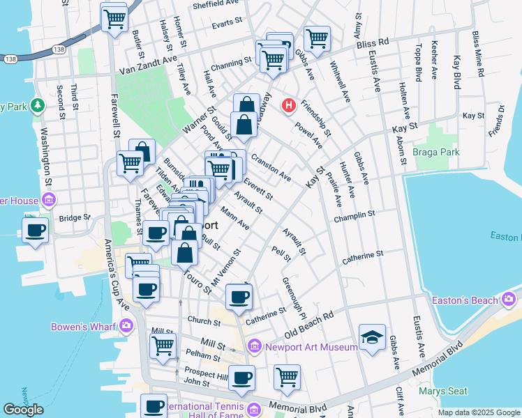 map of restaurants, bars, coffee shops, grocery stores, and more near 14 Ayrault Street in Newport