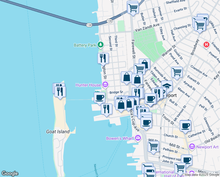 map of restaurants, bars, coffee shops, grocery stores, and more near 53 Washington Street in Newport