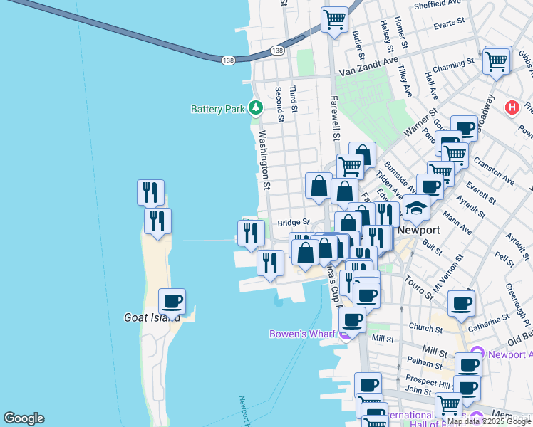 map of restaurants, bars, coffee shops, grocery stores, and more near 53 Washington Street in Newport