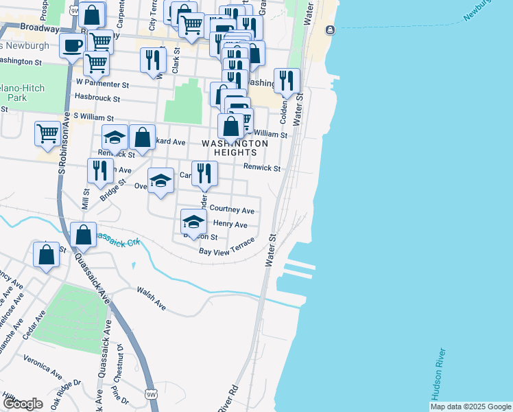 map of restaurants, bars, coffee shops, grocery stores, and more near 8 Overlook Place in Newburgh