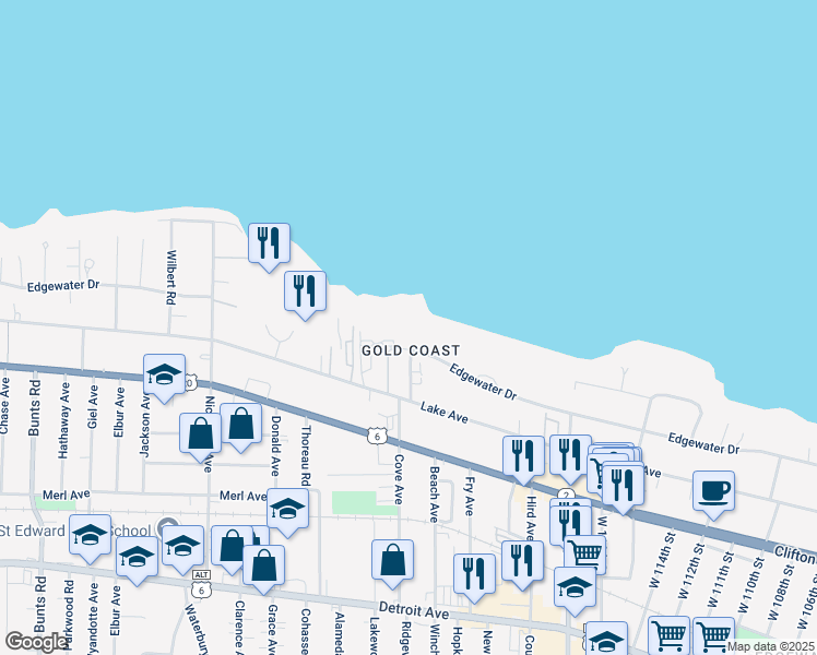 map of restaurants, bars, coffee shops, grocery stores, and more near 12520 Edgewater Drive in Lakewood