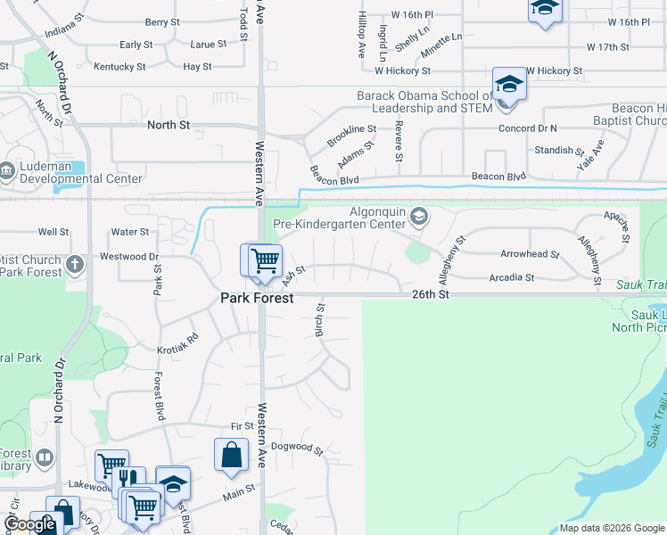 map of restaurants, bars, coffee shops, grocery stores, and more near 172 Ash Street in Park Forest