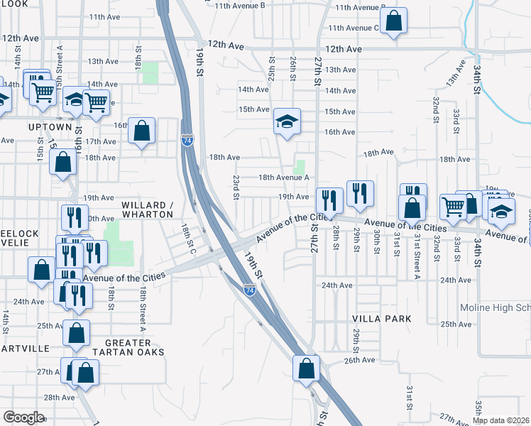 map of restaurants, bars, coffee shops, grocery stores, and more near 2325 19th Avenue in Moline