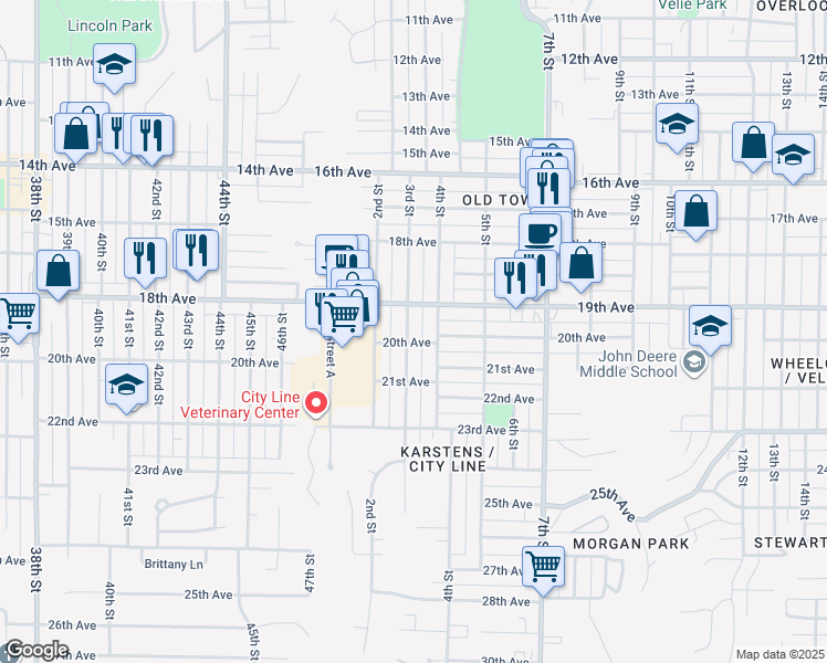 map of restaurants, bars, coffee shops, grocery stores, and more near 330 19th Avenue in Moline