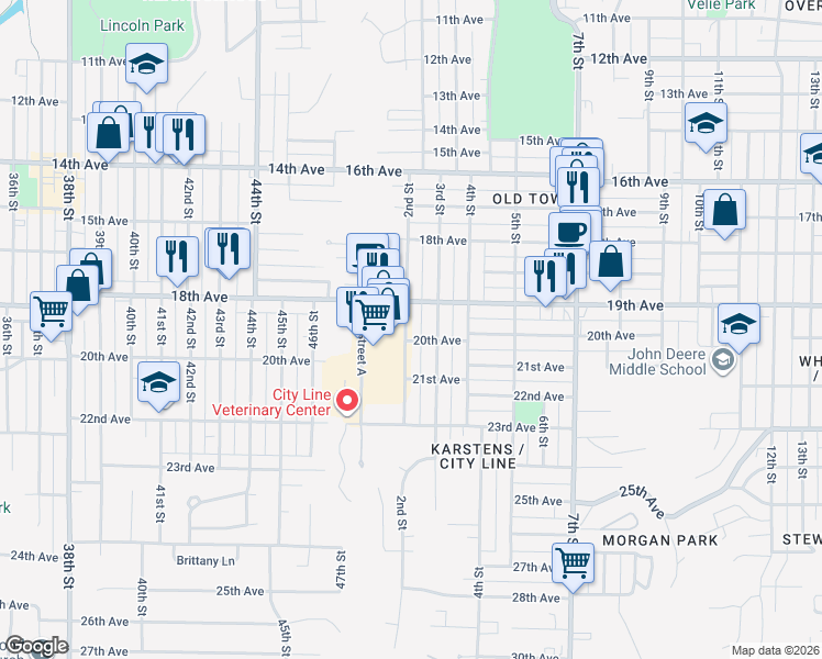 map of restaurants, bars, coffee shops, grocery stores, and more near 212 19th Avenue in Moline