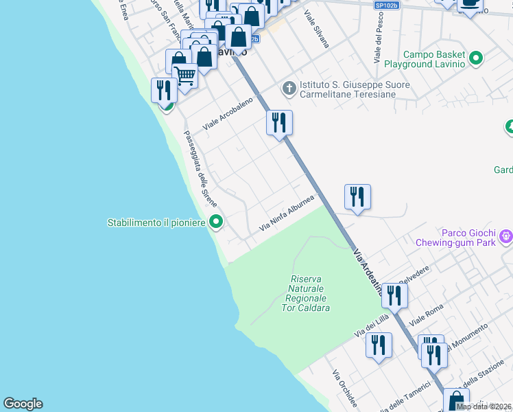 map of restaurants, bars, coffee shops, grocery stores, and more near 79 Viale delle Nereidi in Anzio