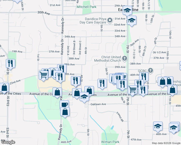 map of restaurants, bars, coffee shops, grocery stores, and more near 4069 4th Street A in East Moline