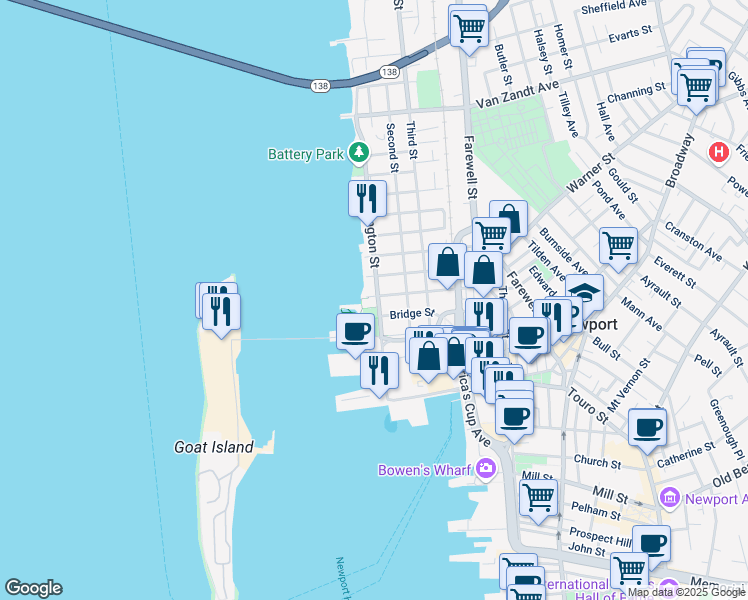 map of restaurants, bars, coffee shops, grocery stores, and more near 54 Washington Street in Newport