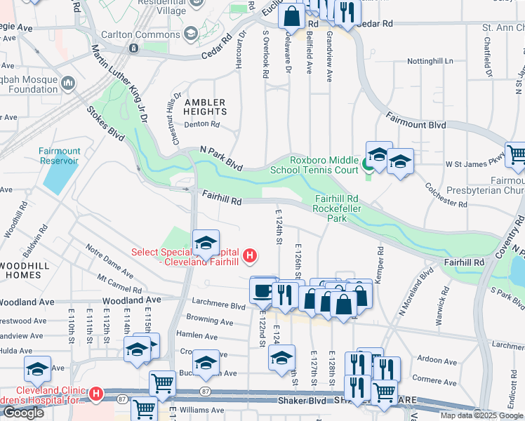 map of restaurants, bars, coffee shops, grocery stores, and more near 12200 Fairhill Road in Cleveland