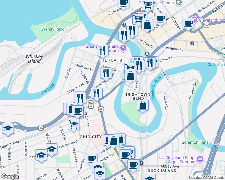 map of restaurants, bars, coffee shops, grocery stores, and more near 1500 Detroit Road in Cleveland