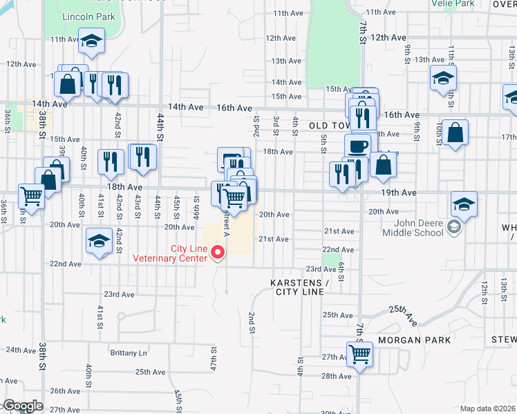 map of restaurants, bars, coffee shops, grocery stores, and more near 212 19th Avenue in Moline