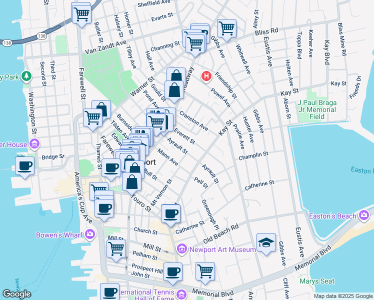map of restaurants, bars, coffee shops, grocery stores, and more near 14 Ayrault Street in Newport