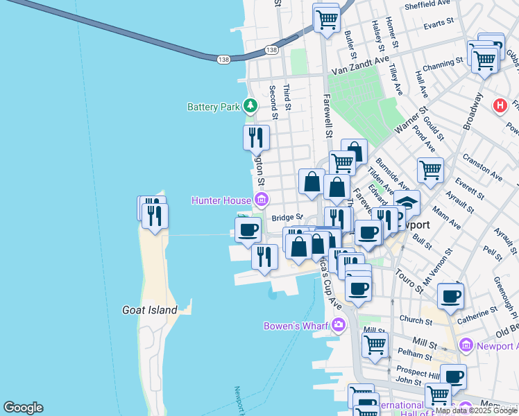 map of restaurants, bars, coffee shops, grocery stores, and more near 54 Washington Street in Newport