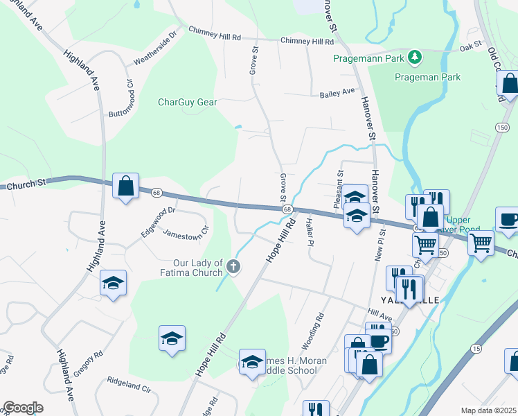 map of restaurants, bars, coffee shops, grocery stores, and more near 500 Church Street in Wallingford