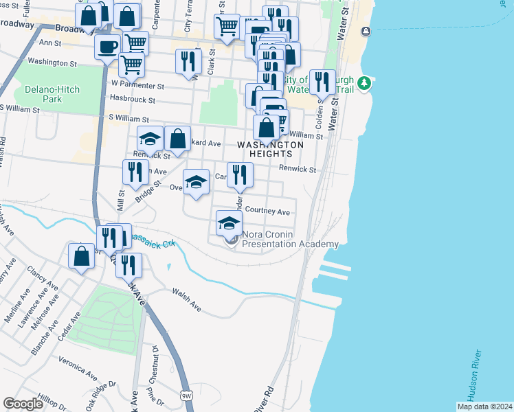 map of restaurants, bars, coffee shops, grocery stores, and more near 48 Courtney Avenue in Newburgh