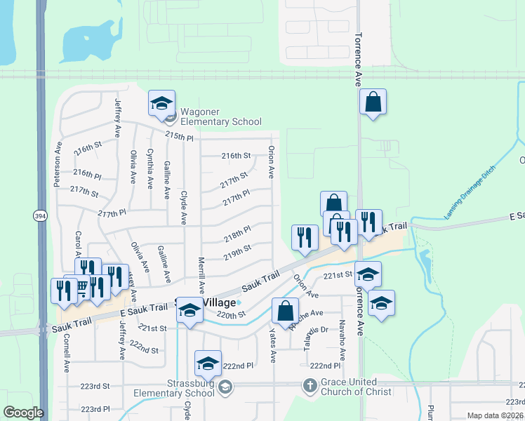 map of restaurants, bars, coffee shops, grocery stores, and more near 2141 218th Street in Sauk Village
