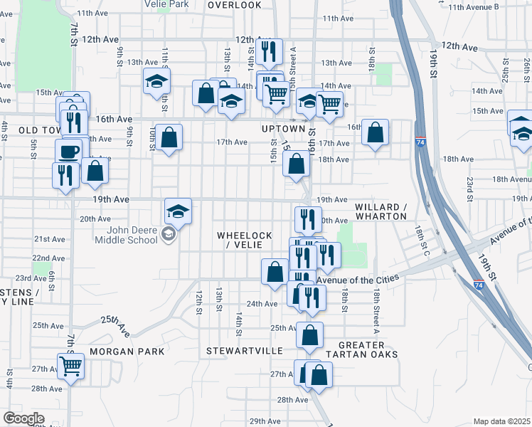 map of restaurants, bars, coffee shops, grocery stores, and more near 1917 15th Street in Moline