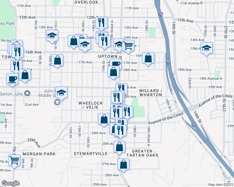 map of restaurants, bars, coffee shops, grocery stores, and more near 1915 16th Street in Moline