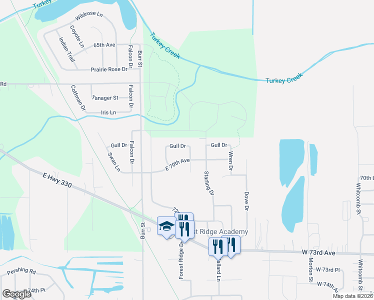 map of restaurants, bars, coffee shops, grocery stores, and more near 6900 Forest Ridge Drive in Schererville