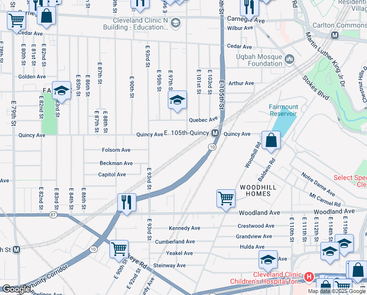 map of restaurants, bars, coffee shops, grocery stores, and more near 9400 Quincy Avenue in Cleveland
