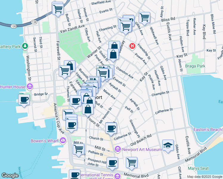 map of restaurants, bars, coffee shops, grocery stores, and more near 14 Ayrault Street in Newport