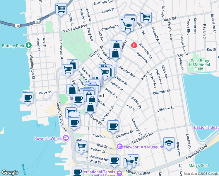map of restaurants, bars, coffee shops, grocery stores, and more near 105 Broadway in Newport