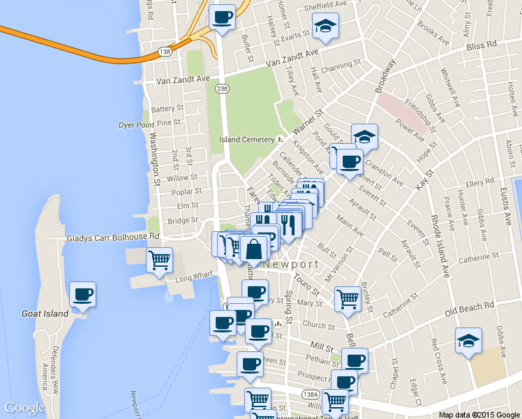 map of restaurants, bars, coffee shops, grocery stores, and more near 43 Farewell Street in Newport