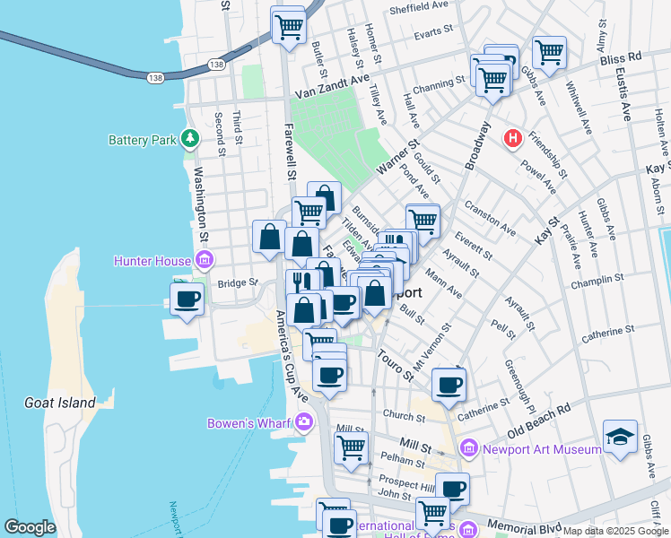 map of restaurants, bars, coffee shops, grocery stores, and more near 43 Farewell Street in Newport