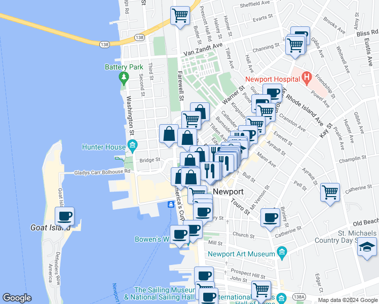 map of restaurants, bars, coffee shops, grocery stores, and more near 9 Cross Street in Newport