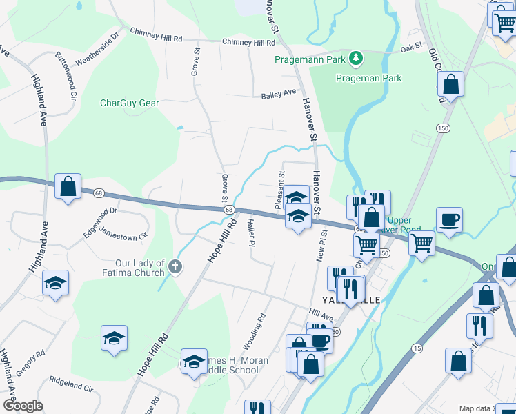 map of restaurants, bars, coffee shops, grocery stores, and more near 7 Wilcox Lane in Wallingford