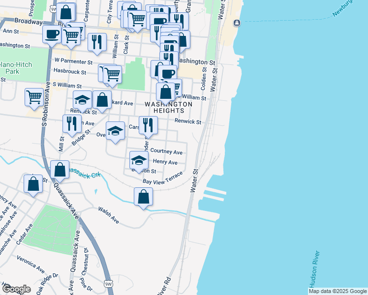 map of restaurants, bars, coffee shops, grocery stores, and more near 8 Overlook Place in Newburgh