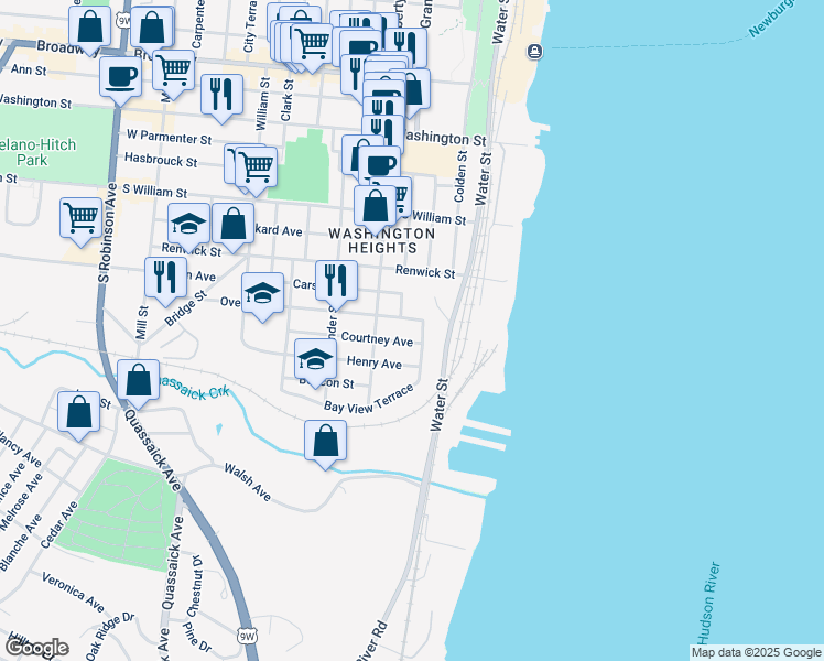 map of restaurants, bars, coffee shops, grocery stores, and more near 8 Overlook Place in Newburgh
