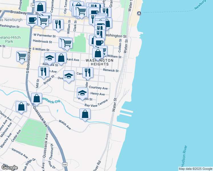 map of restaurants, bars, coffee shops, grocery stores, and more near 8 Overlook Place in Newburgh