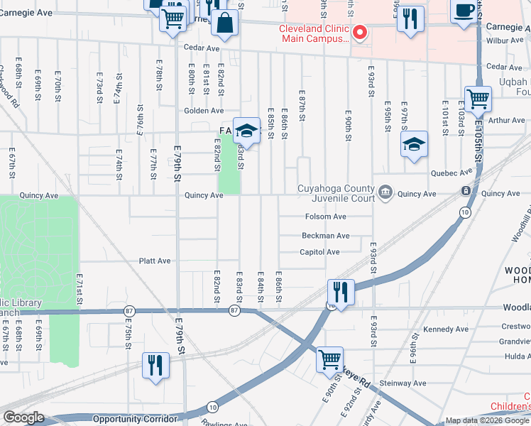 map of restaurants, bars, coffee shops, grocery stores, and more near 2414 East 84th Street in Cleveland