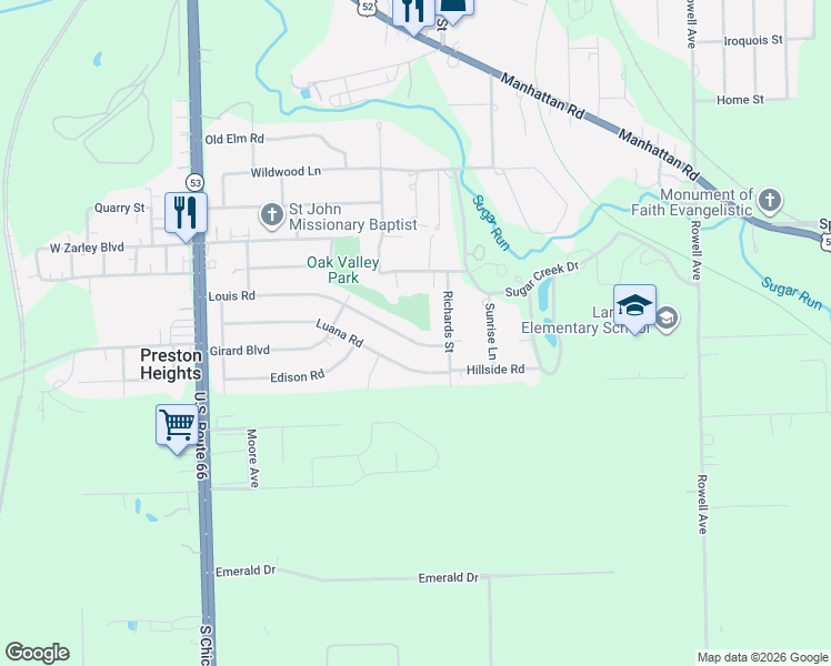 map of restaurants, bars, coffee shops, grocery stores, and more near 303 Louis Road in Joliet