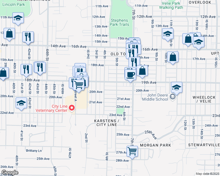 map of restaurants, bars, coffee shops, grocery stores, and more near 428 19th Ave in Moline