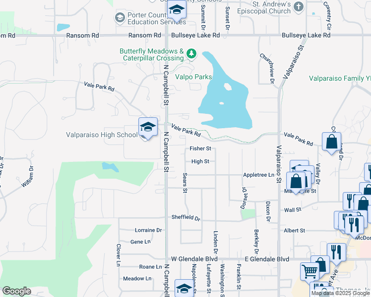 map of restaurants, bars, coffee shops, grocery stores, and more near 2699 Sears Street in Valparaiso