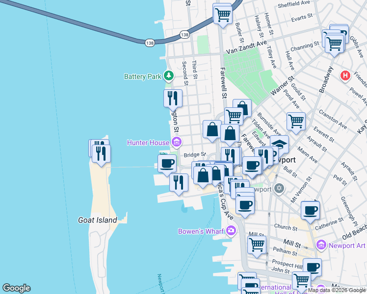 map of restaurants, bars, coffee shops, grocery stores, and more near 48 Elm Street in Newport