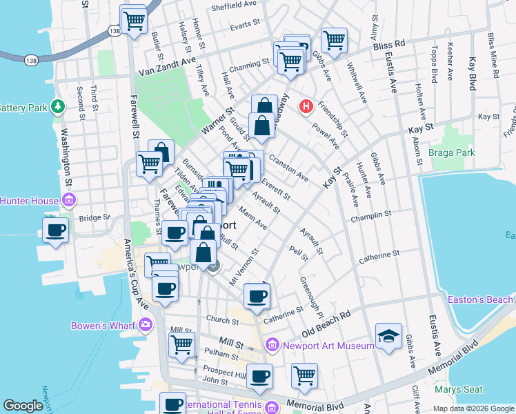 map of restaurants, bars, coffee shops, grocery stores, and more near 14 Ayrault Street in Newport
