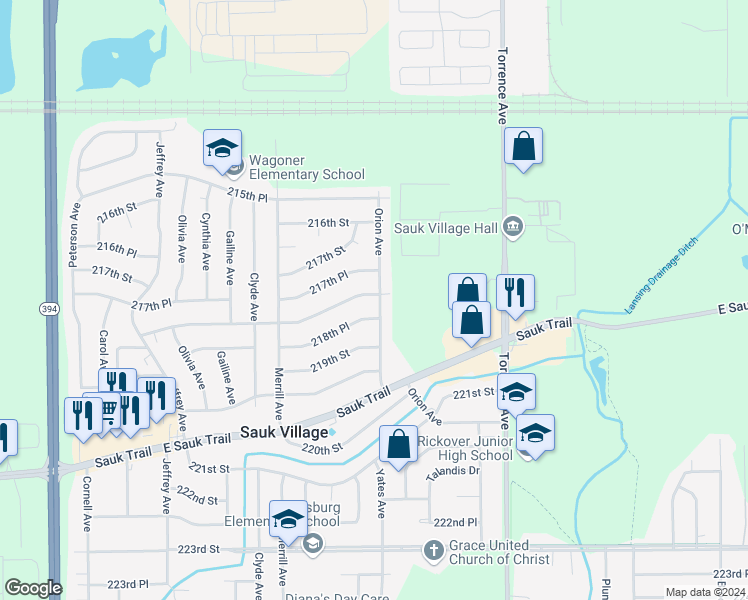 map of restaurants, bars, coffee shops, grocery stores, and more near 2150 218th Street in Sauk Village