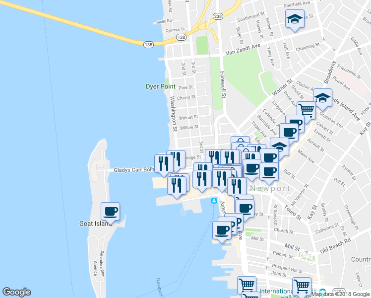 map of restaurants, bars, coffee shops, grocery stores, and more near 44 Elm Street in Newport